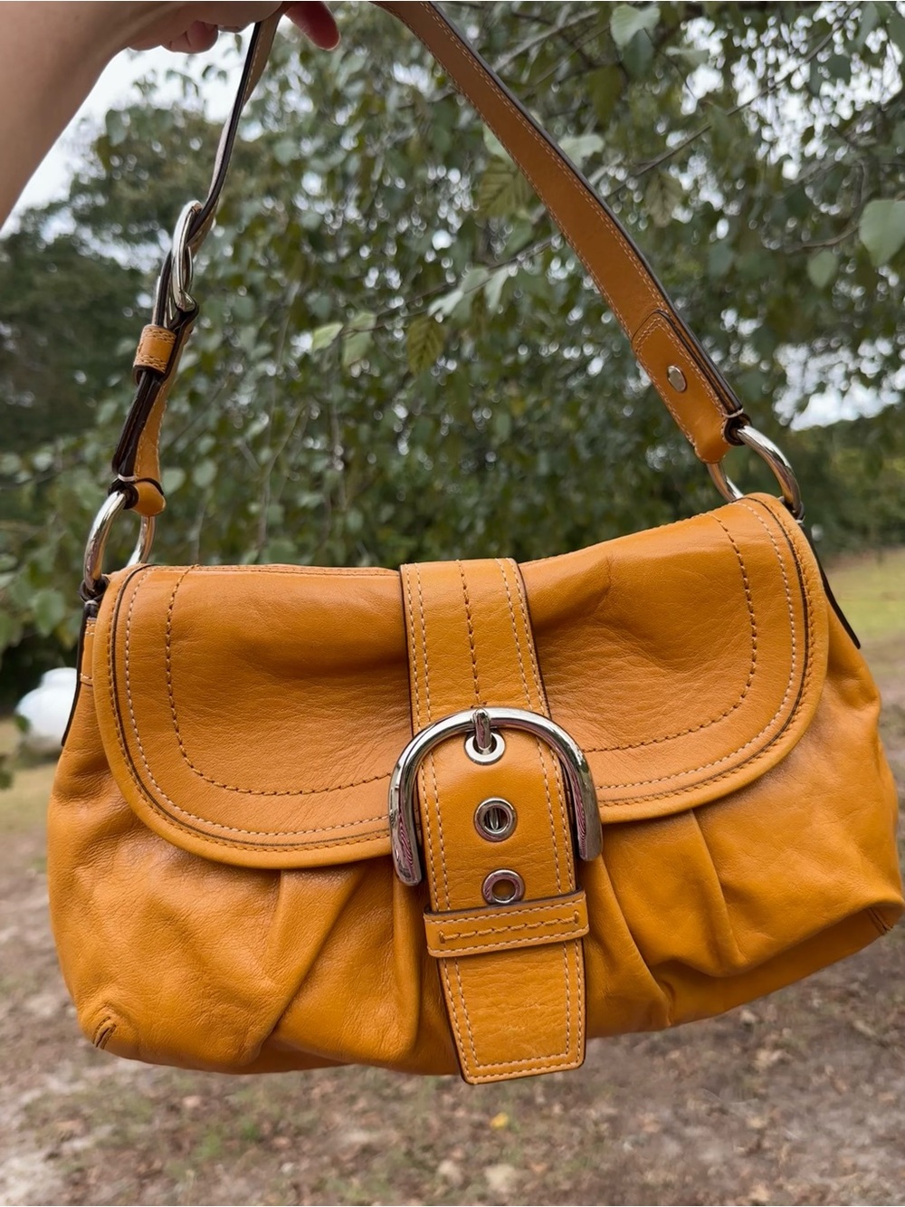Coach Mustard Yellow Leather Shoulder Bag with Buckle Accent